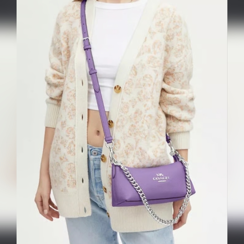 Coach Charlotte Shoulder Bag Pebbled Leather Crossbody Purple Iris Silver chain